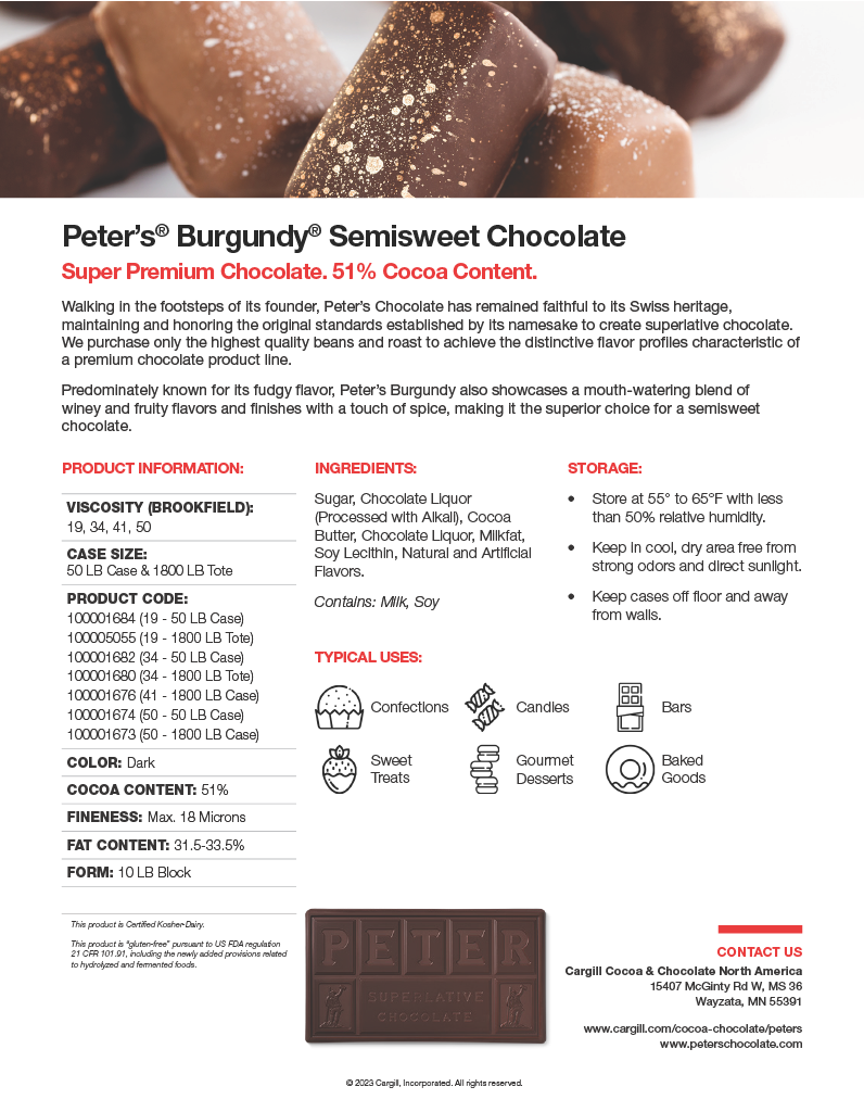 Peter's Burgundy Semisweet Chocolate Block 34 (115 Viscosity) 50 lb