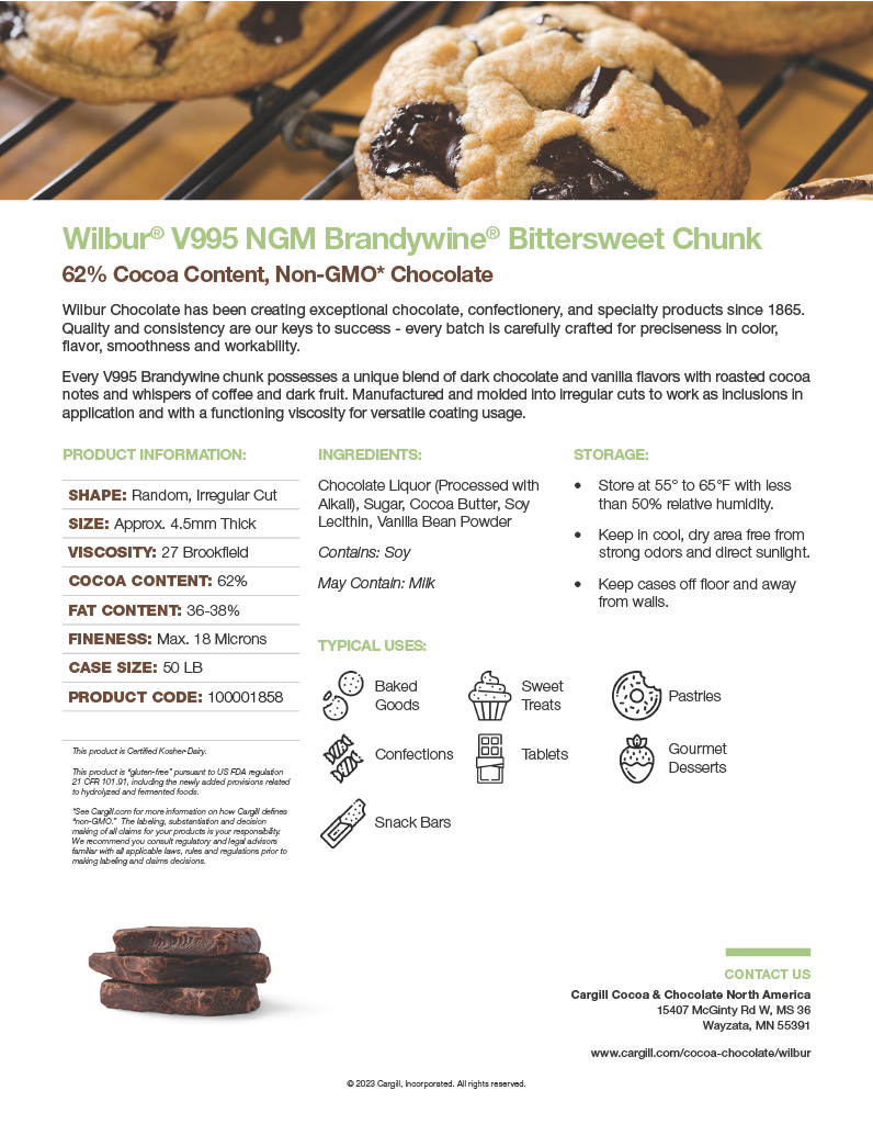 Wilbur V995 Brandywine Bittersweet Chocolate Chunks 27 (90 Viscosity) 50 lb CT