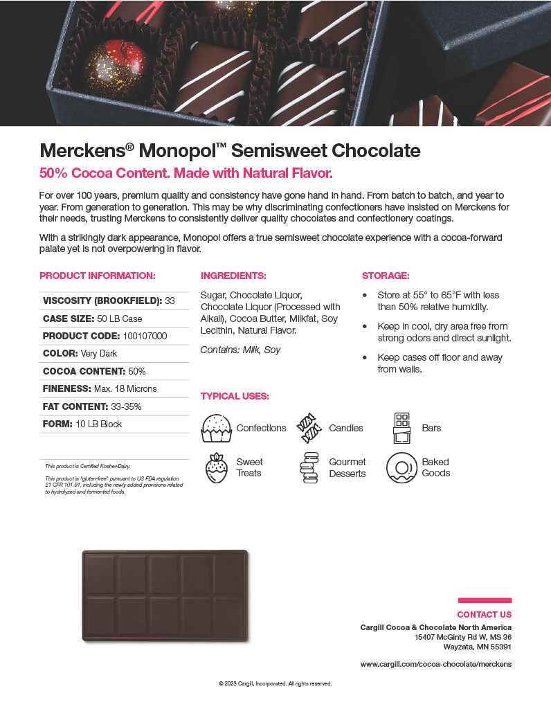 Merckens Monopol Dutch 55% Cacao Semisweet Chocolate 50lb