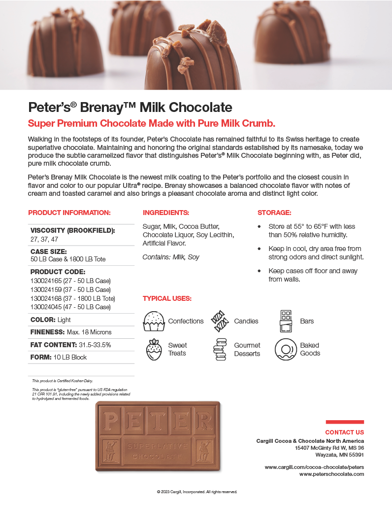 Peter's Brenay Milk Chocolate 37 (125 Viscosity) 50 lb Case (Replacement for Ascent)