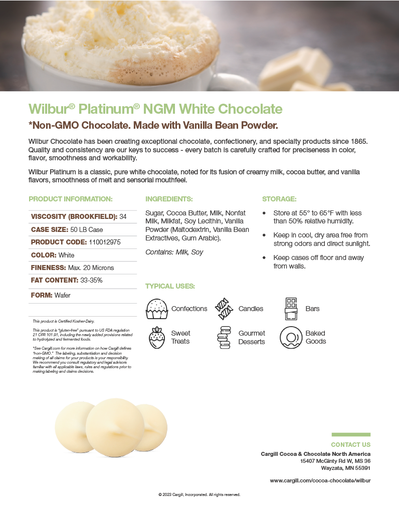 Wilbur Platinum NGM White Chocolate Wafer 34 (125 Viscosity) 50 lb