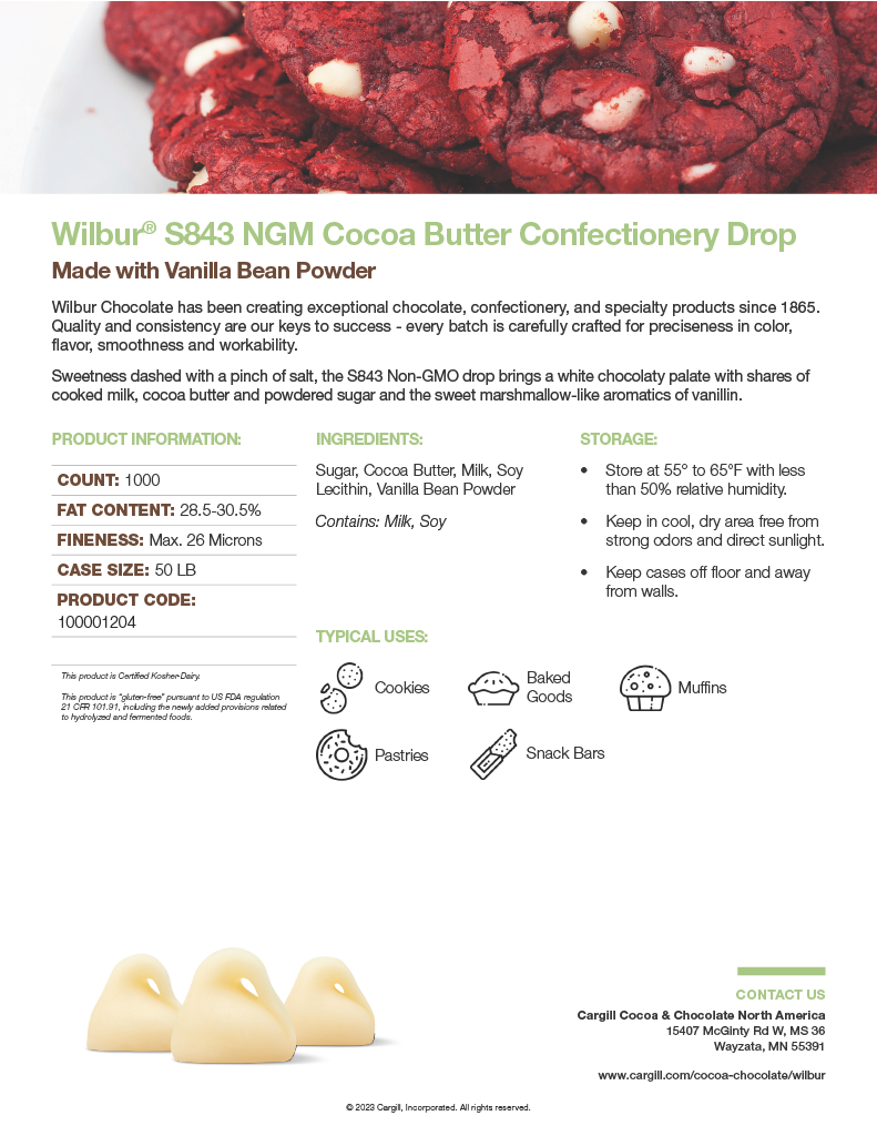 Wilbur S843 NGM White Cocoa Butter Drop 1000CT 50lb